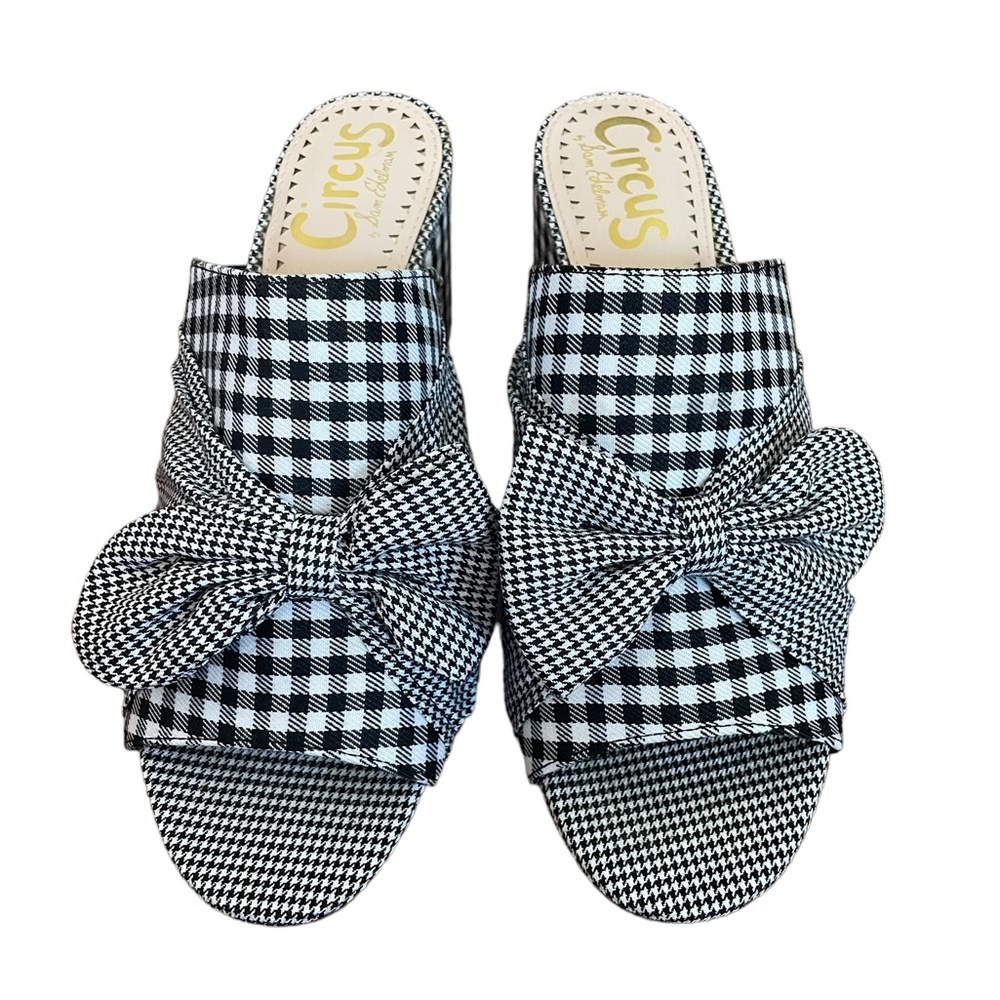 SAM EDELMAN GINGHAM HOUNDSTOOTH OPEN TOE BLOCK HEEL MULE SANDAL WITY BOW ACCENT